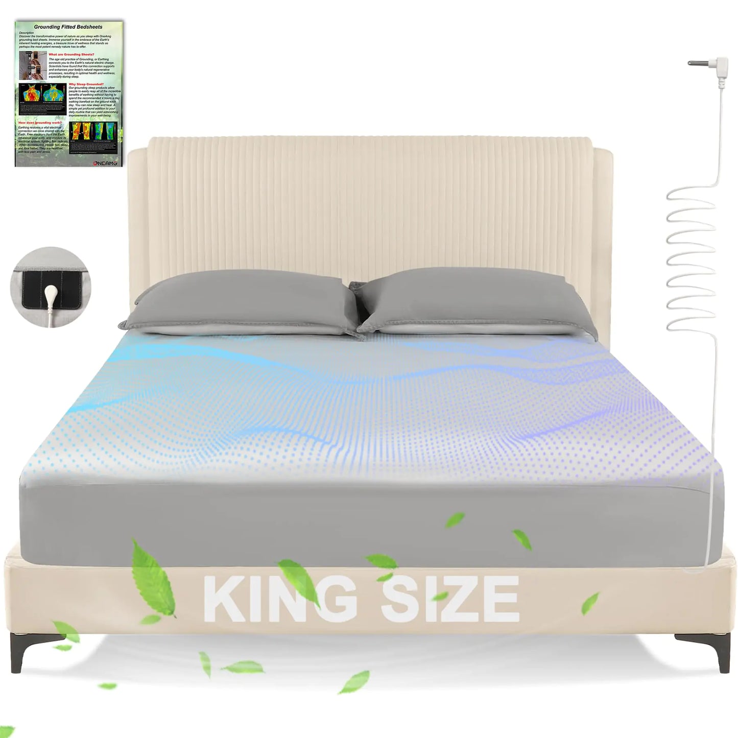 Grounding Sheets King SizeEarth Grounded Fitted Bed Sheet 10% Pure Silver Fiber + 90% Organic Cotton Bed Grounding Kit with grounding Cord for Improved Sleep & Wellness(GrayKing - 80"x78"x15")