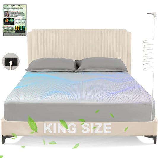 Grounding Sheets King SizeEarth Grounded Fitted Bed Sheet 10% Pure Silver Fiber + 90% Organic Cotton Bed Grounding Kit with grounding Cord for Improved Sleep & Wellness(GrayKing - 80"x78"x15")