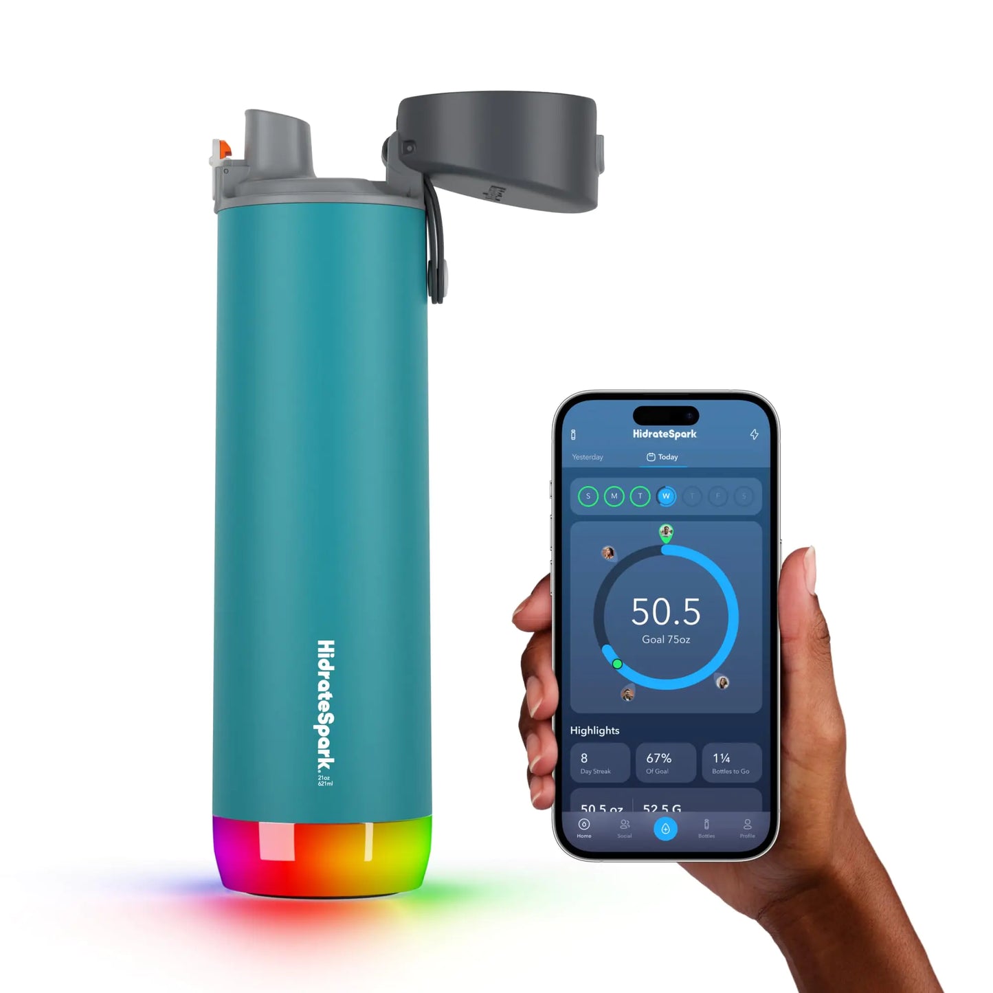 HidrateSpark PRO Smart Water Bottle – Insulated Stainless Steel – Tracks Water Intake with Bluetooth LED Glow Reminder When You Need to Drink – Chug Lid 21 oz Sea Glass